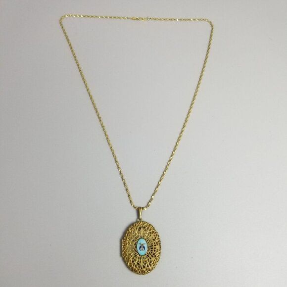 Vintage Shiners Enamel Symbol Gold Tone Filigree Oval Locket Necklace, Estate - Picture 6 of 11